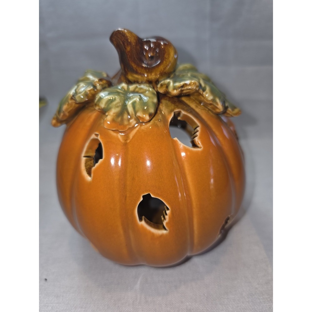 Ceramic Pumpkin Tealight Candle Holder Leaf Windows Thanksgiving Fall Decoration